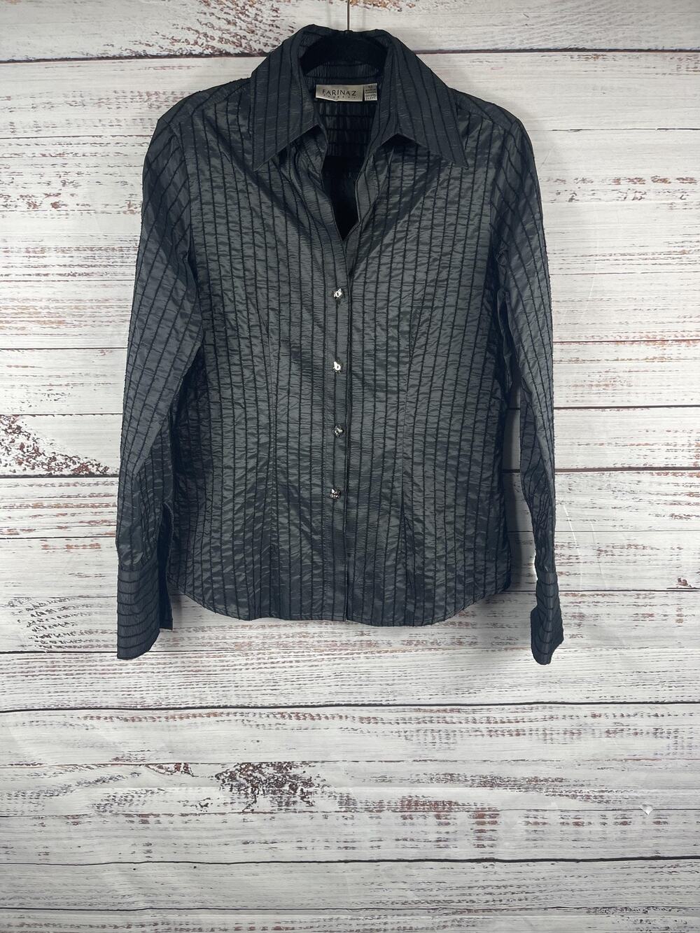 Farinaz Taghavi Shirt Women's Size 12 Metallic Gray Textured Button Front Blouse